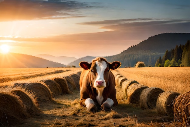 Una vaca tirada en un campo con una puesta de sol al fondo.