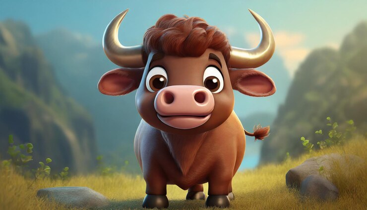 vaca toro búfalo personaje de dibujos animados mascota 3d render divertido lindo animal de granja