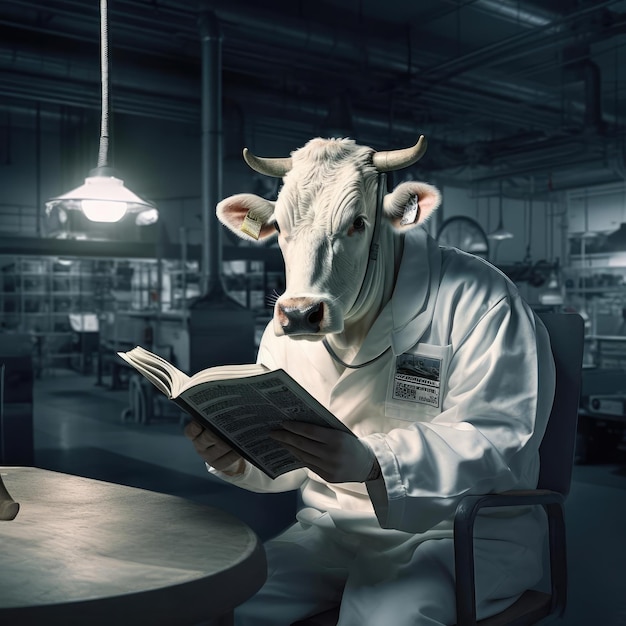 Una vaca trabaja en una fábrica de lácteos.