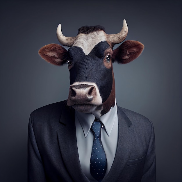 Vaca en un traje de negocios Empresario animal Toro divertido Jefe IA generativa Ilustración