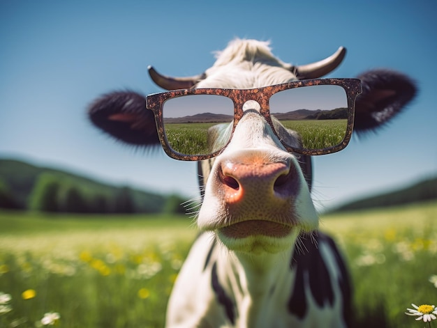 Foto la vaca usa gafas de sol en el prado verde feliz luz del sol soleada