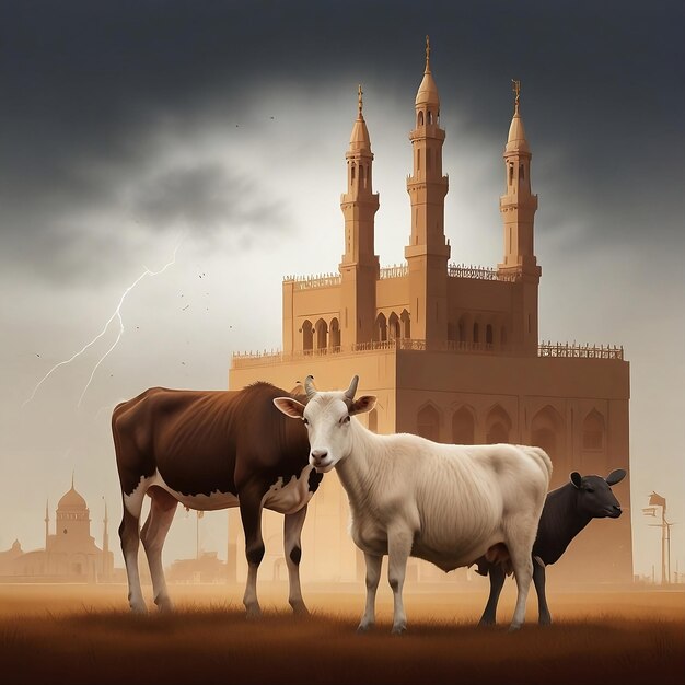 Foto una vaca y una vaca están de pie frente a un edificio con un gran edificio en el fondo