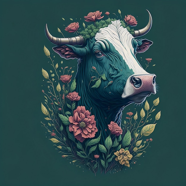 Una vaca verde y blanca con una cara blanca y hojas y flores verdes.