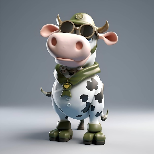 Una vaca vestida de aviador con gafas y sombrero Ilustración 3D