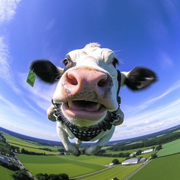 Foto una vaca está volando por el cielo con una etiqueta en la boca.