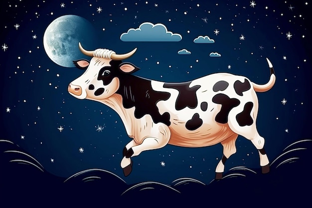 Vaca volando contra el fondo del cielo nocturno con luna y estrellas Concierto de sueños de ensueño para niños Ilustración generativa de IA