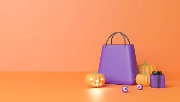 vacaciones de calabaza de halloween 3d con bolsa de compras marketing promoción de compras noticias para redes sociales banner concepto 3d render ilustración