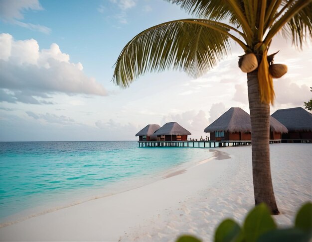 Foto unas vacaciones en el hotel tropical de las maldivas y una isla con playa y mar