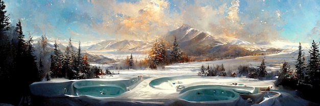 Vacaciones de invierno, baño caliente al aire libre. Ilustración digital
