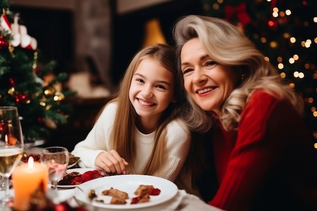 Vacaciones de invierno y concepto de personas abuela con su nieta en la mesa celebra navidad y año nuevo Vacaciones en casa Fondo borroso Enfoque selectivo