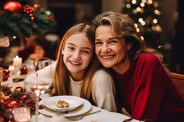Vacaciones de invierno y concepto de personas abuela con su nieta en la mesa celebra navidad y año nuevo Vacaciones en casa Fondo borroso Enfoque selectivo