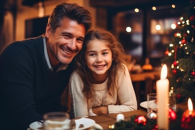 Vacaciones de invierno y concepto de personas padre con hija en la mesa celebra navidad y año nuevo Vacaciones en casa Fondo borroso Enfoque selectivo