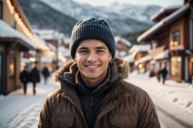Foto vacaciones invierno y jóvenes concepto sonriente anciano en ropa cálida sobre la montaña nevada