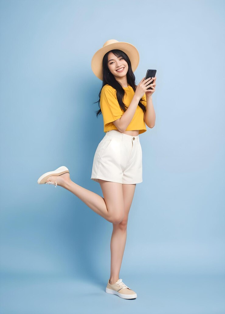 vacaciones joven mujer asiática sonriendo y sosteniendo un teléfono inteligente contra un fondo azul