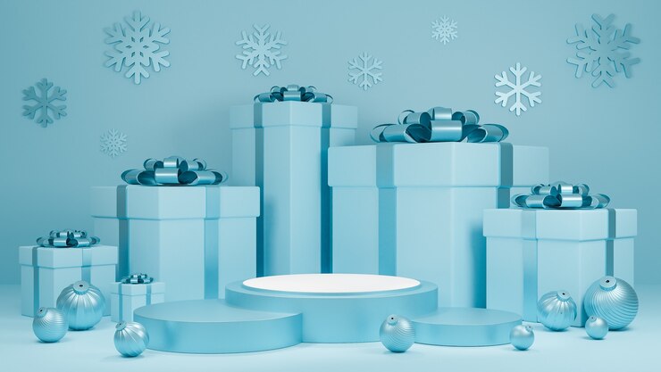 Vacaciones de Navidad y feliz año nuevo fondo de color azul pastel con una caja de regalo y una pantalla de podio
