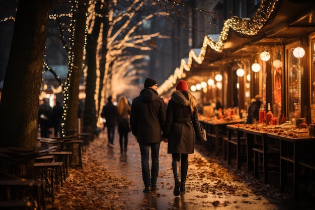 Vacaciones de Navidad Gente caminando juntas Mercado navideño y festividades Ciudad nocturna con guirnaldas de luces