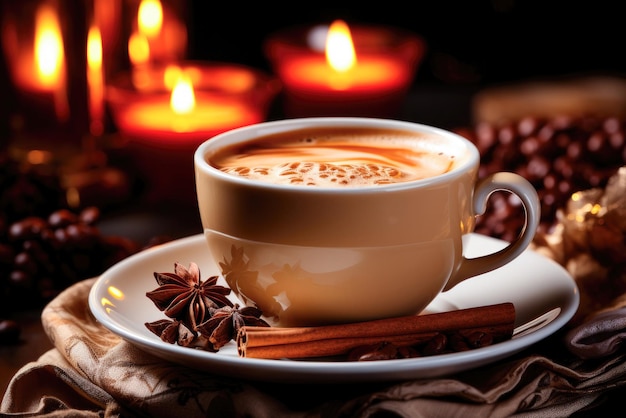 Foto vacaciones de navidad o otoño en una casa acogedora y cálida una taza de café y una manta sobre el fondo de velas encendidas