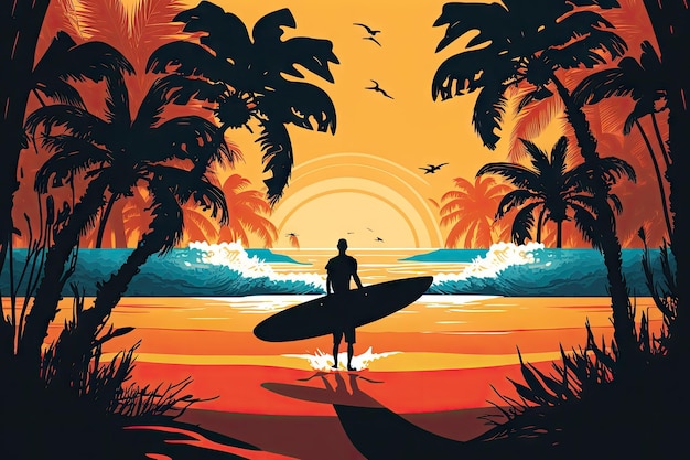 Foto vacaciones en la playa surfista en el atardecer paisaje soleado vacaciones de verano en el paraíso exótico complejo ai generado ilustración amanecer en la bahía de arena el sol brilla y las grandes olas palmeras y el hombre en la playa