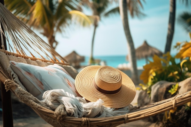 Vacaciones relajantes en la playa en hamaca con sombrero y palma