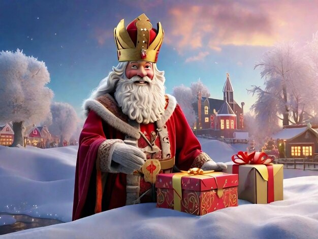 Las vacaciones de Sinterklaas con la imagen de Sinterklaas de un invierno con fuertes heladas y un hermoso regalo