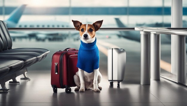 vacaciones vacaciones jack russell perro esperando en la terminal del aeropuerto listo para abordar el avión