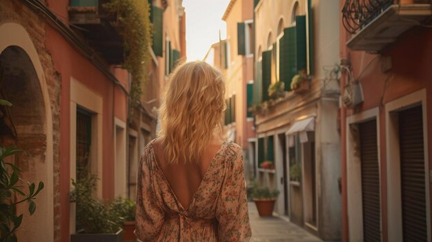 De vacaciones en Venecia Italia una bella modelo rubia se aleja de la calle IA Generativa