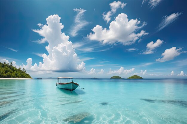 Vacaciones de verano con barco en aguas turquesas del océano contra el cielo azul con nubes blancas y tropicales