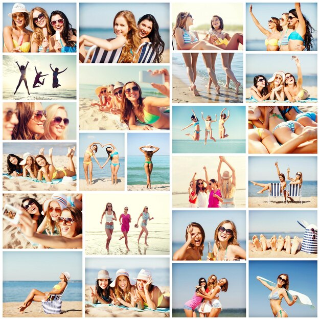 vacaciones de verano y concepto de vacaciones - collage de muchas fotos con chicas guapas divirtiéndose en la playa y tomando selfie