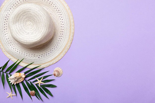 Vacaciones de verano Concepto de verano con sombrero de paja y hoja tropical Espacio de copia de vista superior plana