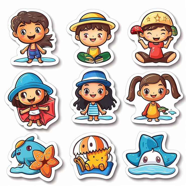 Foto vacaciones de verano en familia en la playa dibujos animados cortados a muerte tarjeta de juego de pegatinas