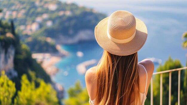 Vacaciones de verano en Francia Vista trasera de una joven con largos cabellos y tocado en la Costa Azul