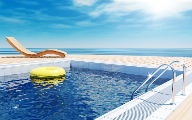 Foto vacaciones de verano con piscina y vistas al mar, renderizado 3d