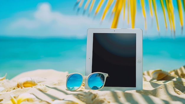 Las vacaciones de verano en la playa pantalla en blanco ipad ereader maqueta de IA generativa