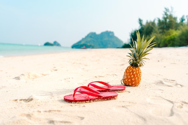 Vacaciones de verano en la playa con piñas y chanclas en la playa.