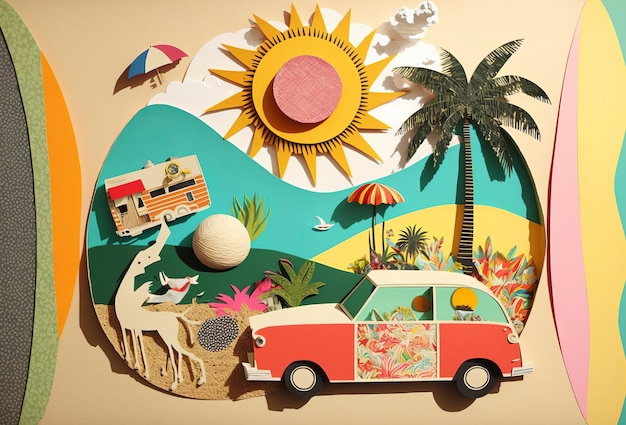 Vacaciones de verano viaje por carretera diseño de collage de papel de arte de moda Generativo ai