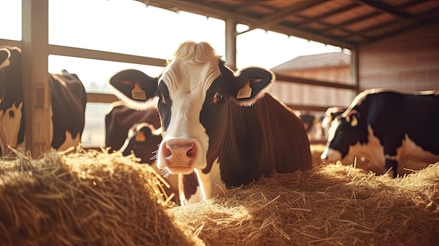 Foto vacas a comer feno no celeiro na exploração de bovinos de carne produção de carne indústria pecuária generativa ai