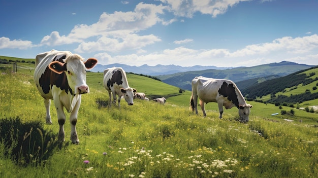 Vacas a pastar com um belo campo ao fundo