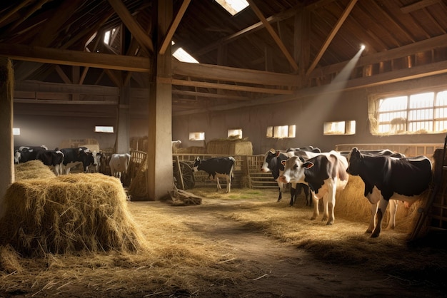 Vacas a pastar num celeiro