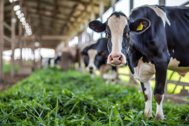 Vacas blancas y negras en la fábrica de leche