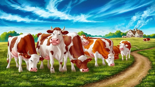 Vacas en un campo verde y un cielo azul