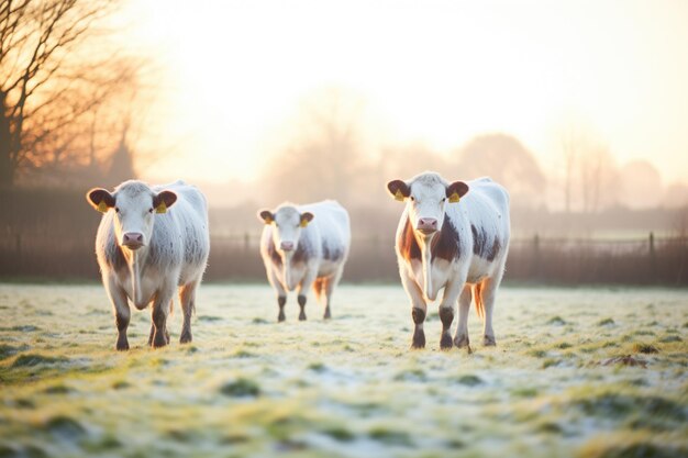 Foto vacas cobertas de gelo numa manhã fresca