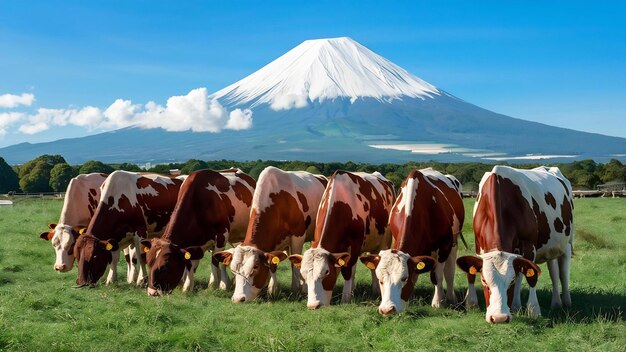 Foto vacas comendo grama exuberante no campo verde em frente à montanha fuji, no japão