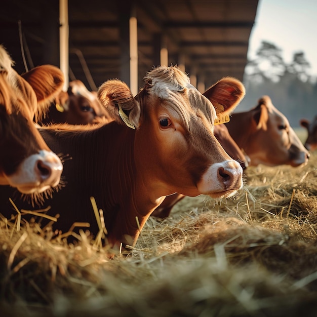 Foto vacas da indústria pecuária em estábulo fazem parte da produção de carne para mídia social post size