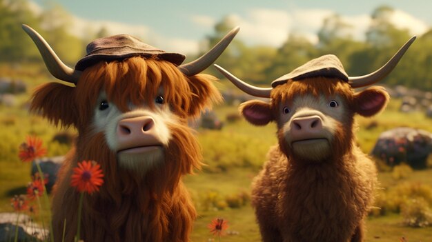 vacas das terras altas em chapéus cinematográfica IA generativa