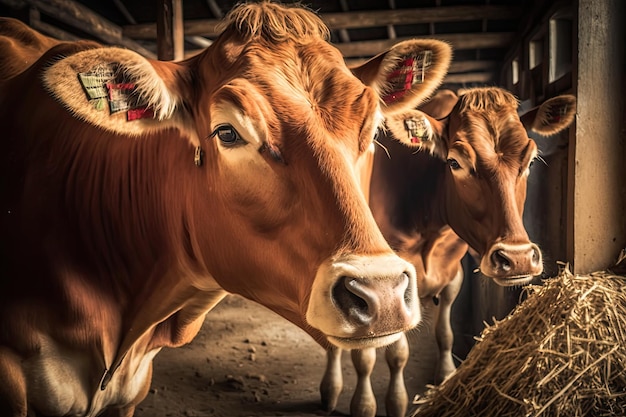 Vacas de camisa vermelha ficam em uma baia e comem feno Animais de fazenda de laticínios como um negócio