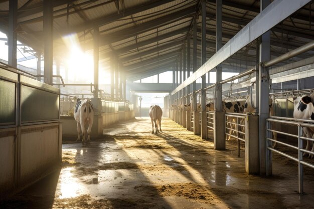 vacas do estábulo ficam em currais atrás das grades e caminham ao longo do corredor central a luz do sol entra pelas janelas do telhado