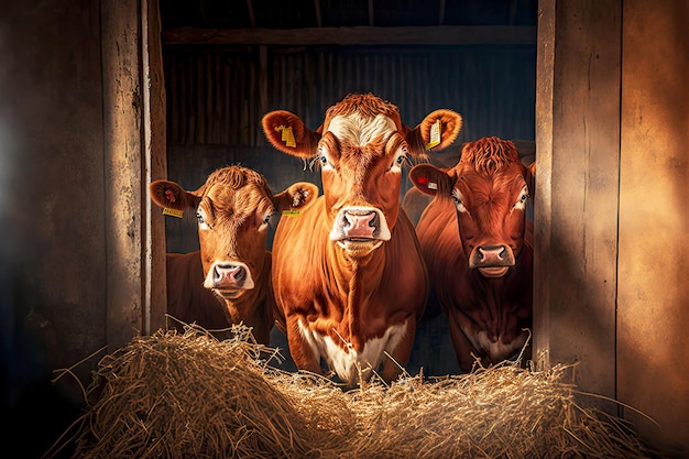 Vacas domésticas rojas en verano en granero de heno en la granja