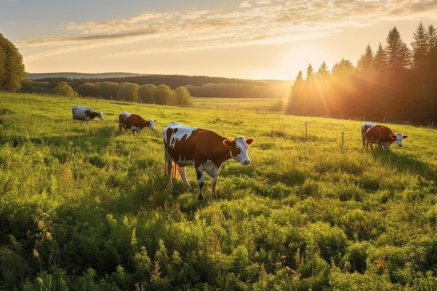 Vacas em um campo com o pôr do sol ao fundo