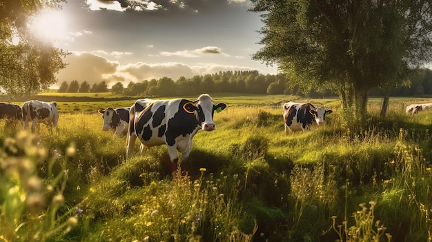 Vacas em um campo com o sol atrás delas