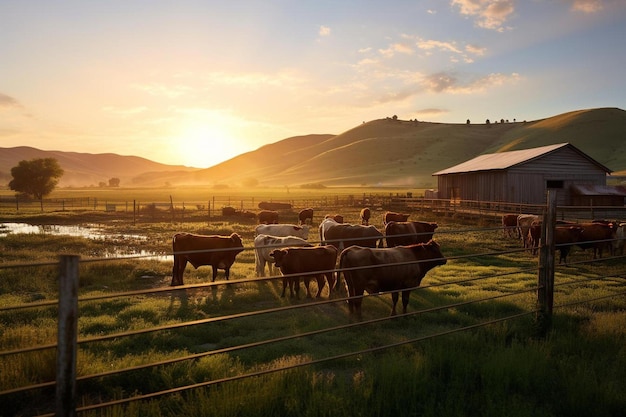 vacas em um campo com um celeiro ao fundo